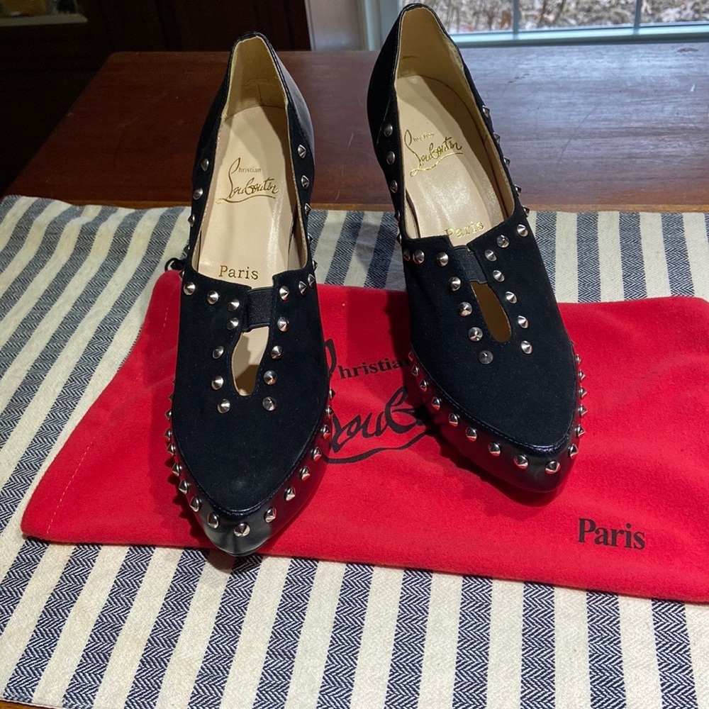 Christian Louboutin size 8.5/40 Astraqueen120 black suede&leather spiked bootie